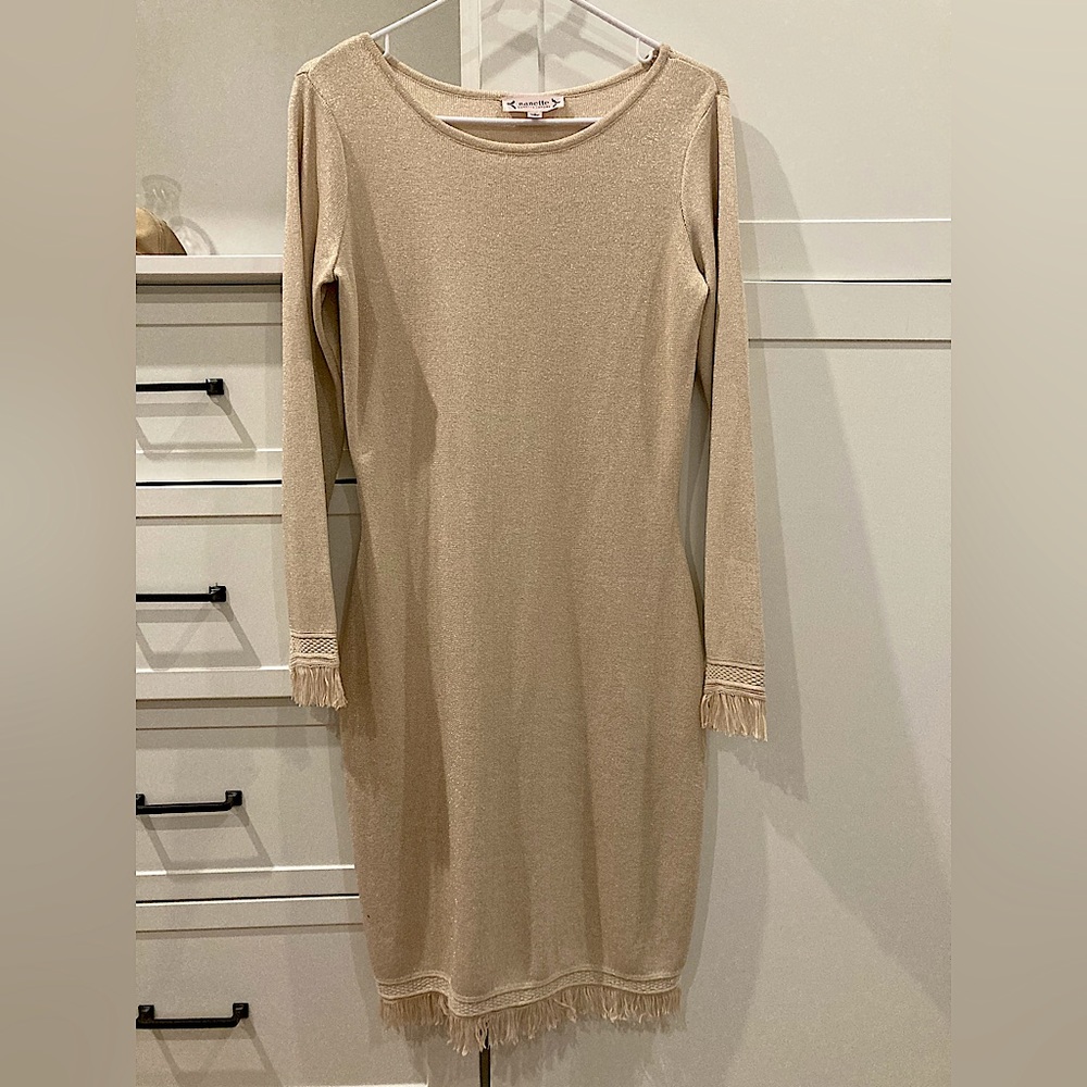 Metallic Gold Knit Long Sleeve Fringe Nanette Lepore Dress